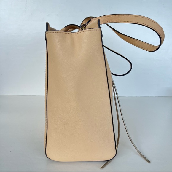 REBECCA MINKOFF Monroe Sand Saffiano Structured Leather Tassel Shoulder Bag Tote - Picture 6 of 16